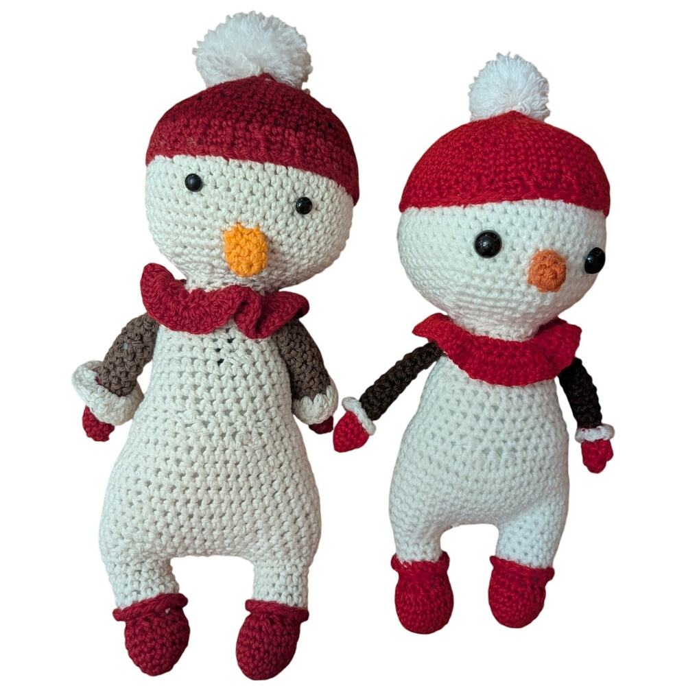 Set of 2 Crochet Homemade Stuffed Snowmen Christmas Decor